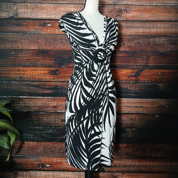 Cache Dress Size 6 White Black Palm Leaf Ruched Cap Sleeve Padded Made in USA - Picture 4 of 10